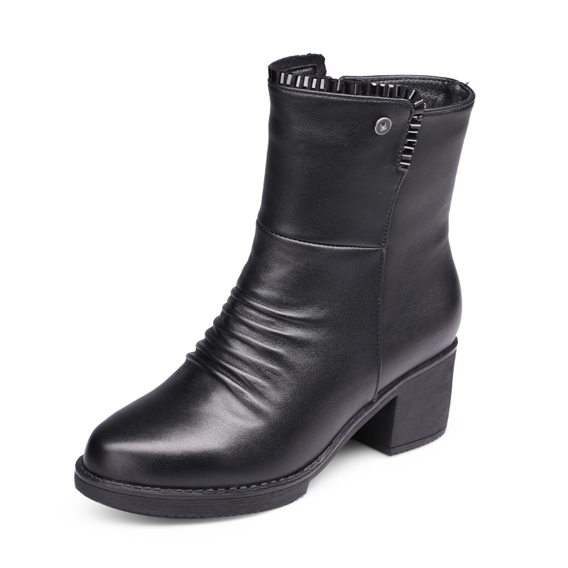 蜘蛛王女靴中筒冬季新款真皮粗中跟女棉靴时尚牛皮加绒女皮靴