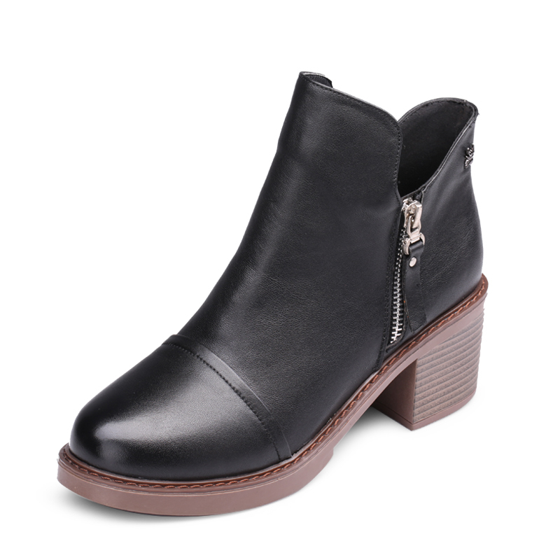 蜘蛛王女鞋短靴秋冬新款真皮粗高跟短筒女靴日常休闲女士皮靴