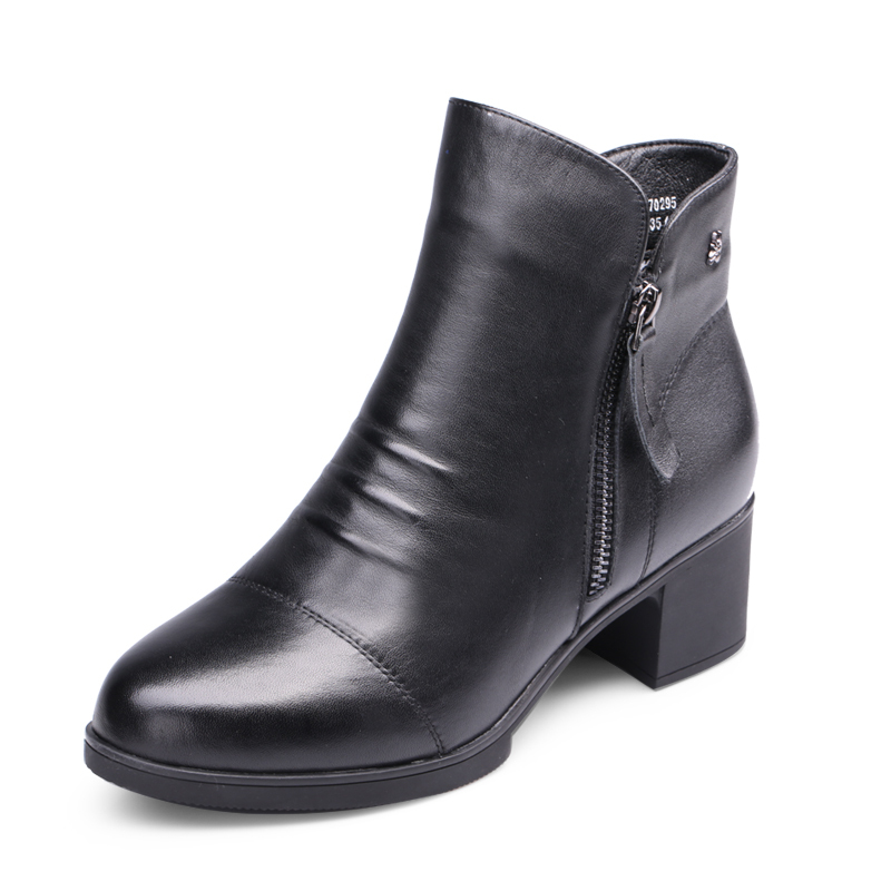 蜘蛛王女靴短筒冬季新款加绒真皮女短靴粗中跟保暖休闲女棉靴