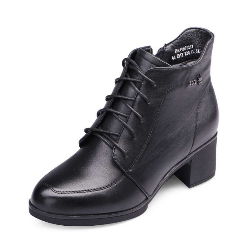 蜘蛛王女靴短筒冬款粗中跟短绒女棉靴系带侧拉链短靴休闲皮靴