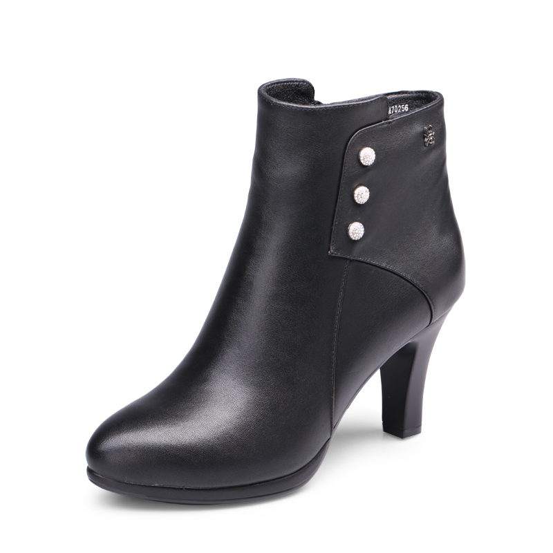 蜘蛛王女靴短靴冬季新款真皮尖头细高跟女棉靴短筒加绒女皮靴