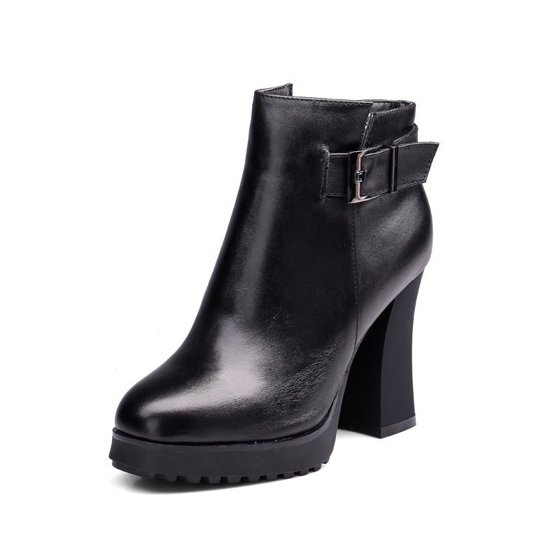 蜘蛛王女靴超高跟冬款时尚真皮粗跟短筒女棉靴牛皮加绒女短靴