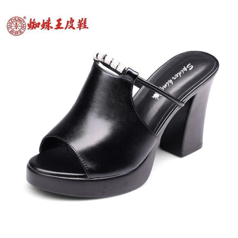 蜘蛛王女鞋正品2017夏季新款真皮一字型拖鞋休闲高粗跟女凉鞋透气图片