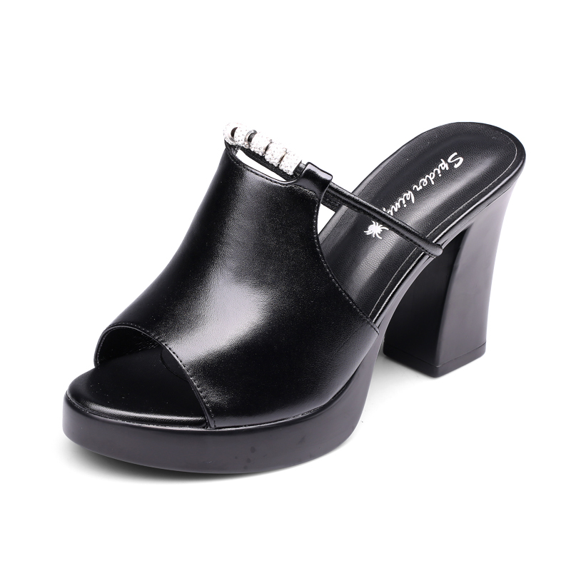 蜘蛛王女鞋正品2017夏季新款真皮一字型拖鞋休闲高粗跟女凉鞋透气