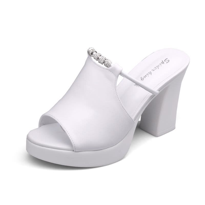 蜘蛛王女鞋正品2017夏季新款真皮一字型拖鞋休闲高粗跟女凉鞋透气图片