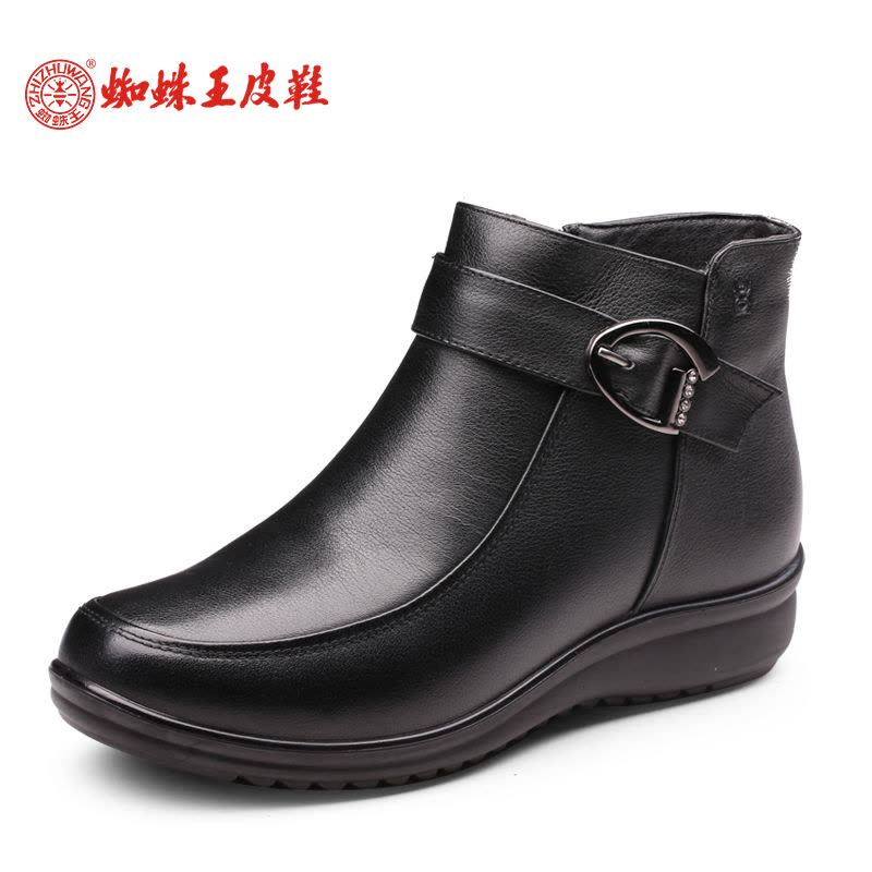 蜘蛛王女鞋加绒冬季简约舒适正品真皮侧拉链短筒棉靴妈妈棉鞋图片