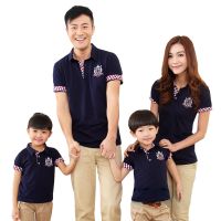 亲子装夏装2017新款夏季童装休闲学院风徽章绣花翻领T恤全家装F278