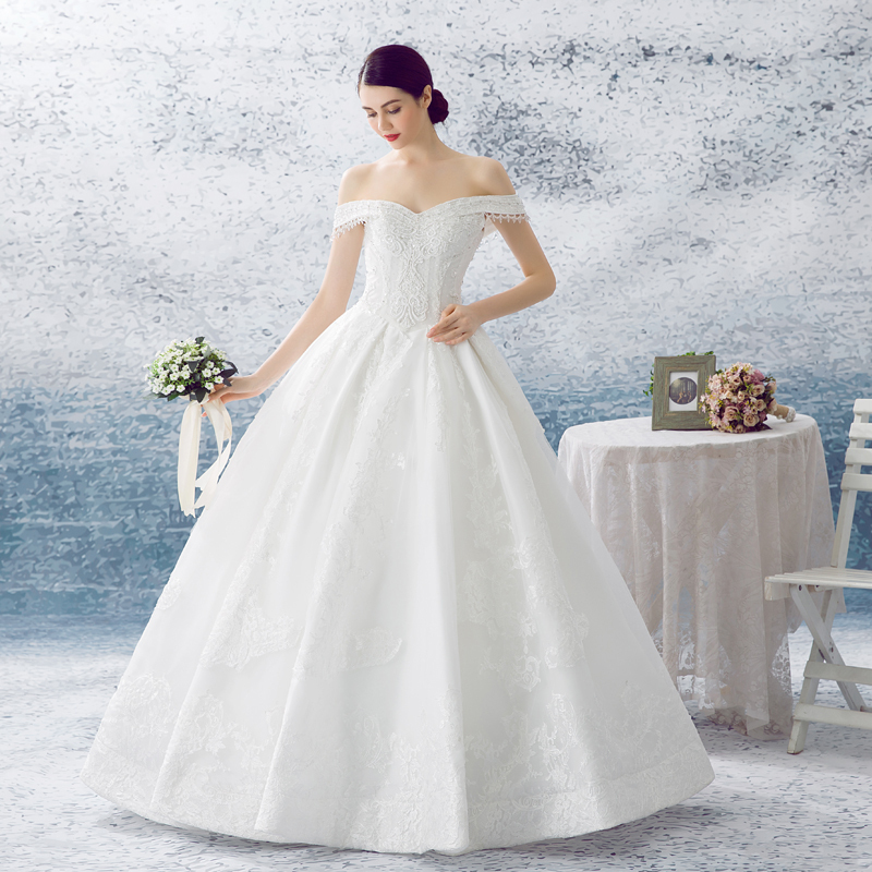 婚纱礼服2016年新款一字肩蓬蓬婚纱齐地优雅白色网格纱绑带款婚纱定制