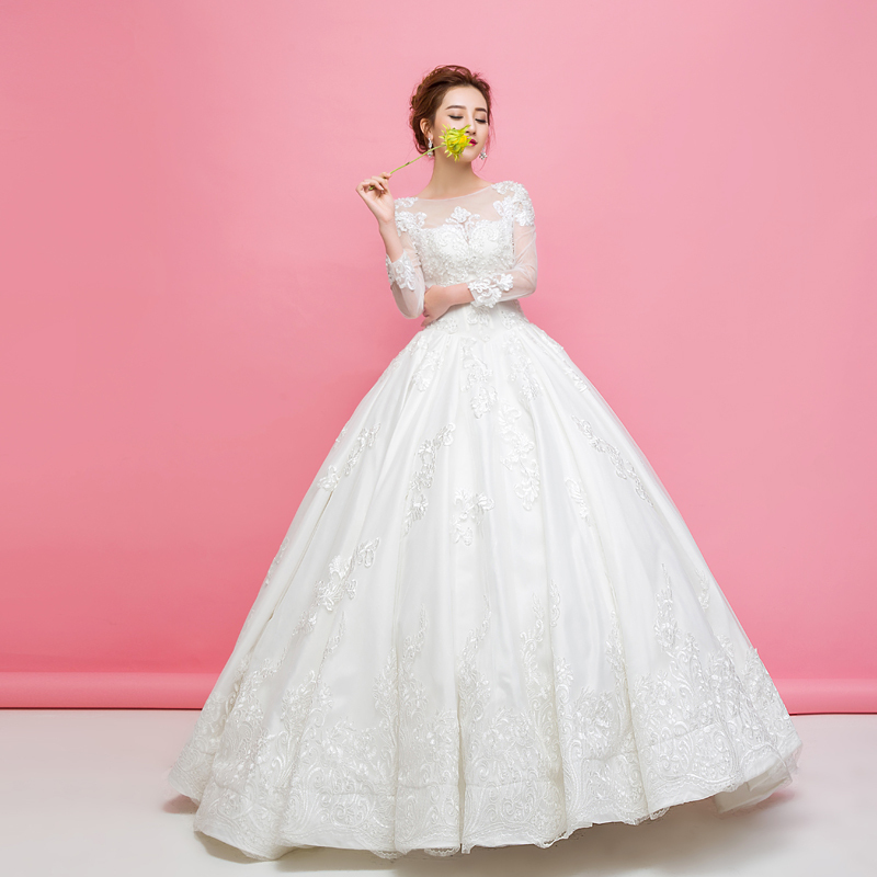 婚纱礼服2016年新款双肩蓬蓬婚纱齐地优雅白色网格纱绑带款婚纱定制