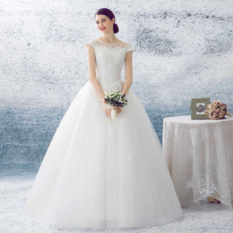婚纱礼服2016年夏季新款双肩蓬蓬婚纱齐地优雅白色网格纱绑带款婚纱定制