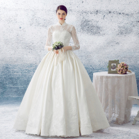 婚纱礼服2016年新款立领蓬蓬裙婚纱齐地宫廷白色缎面绑带款婚纱定制