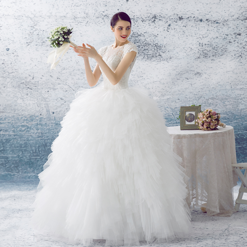 婚纱礼服2016年新款双肩蓬蓬裙婚纱齐地韩版白色网纱绑带款婚纱定制