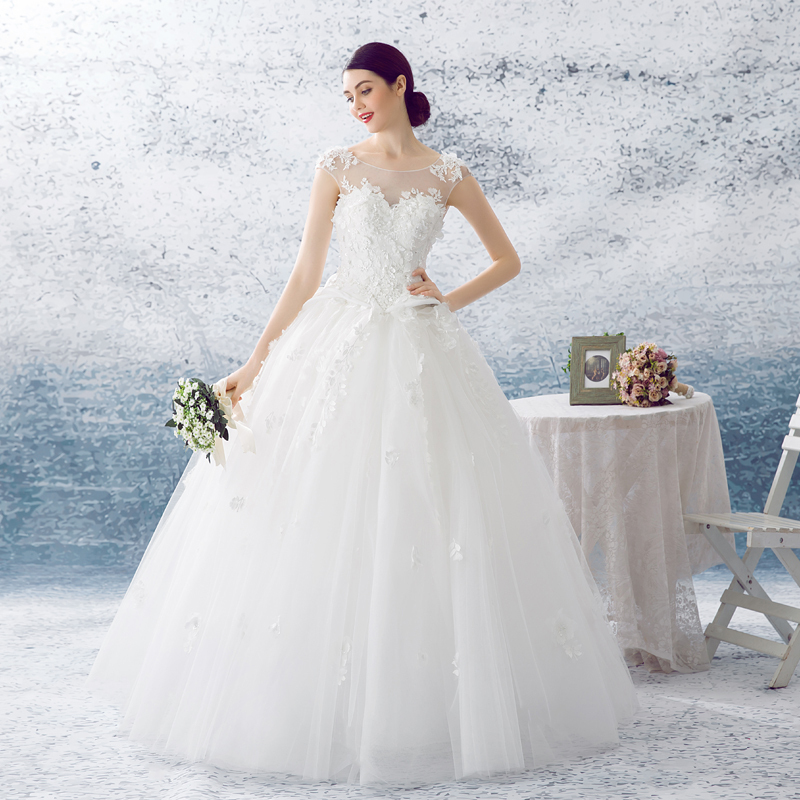 婚纱礼服2016年新款双肩蓬蓬裙婚纱齐地甜美风网纱绑带款婚纱定制