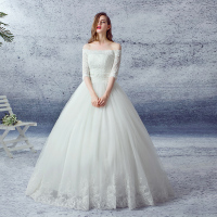 2016新款一字肩齐地韩版蓬蓬裙蕾丝婚纱定制