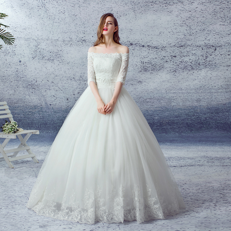 2016新款一字肩齐地韩版蓬蓬裙蕾丝婚纱定制