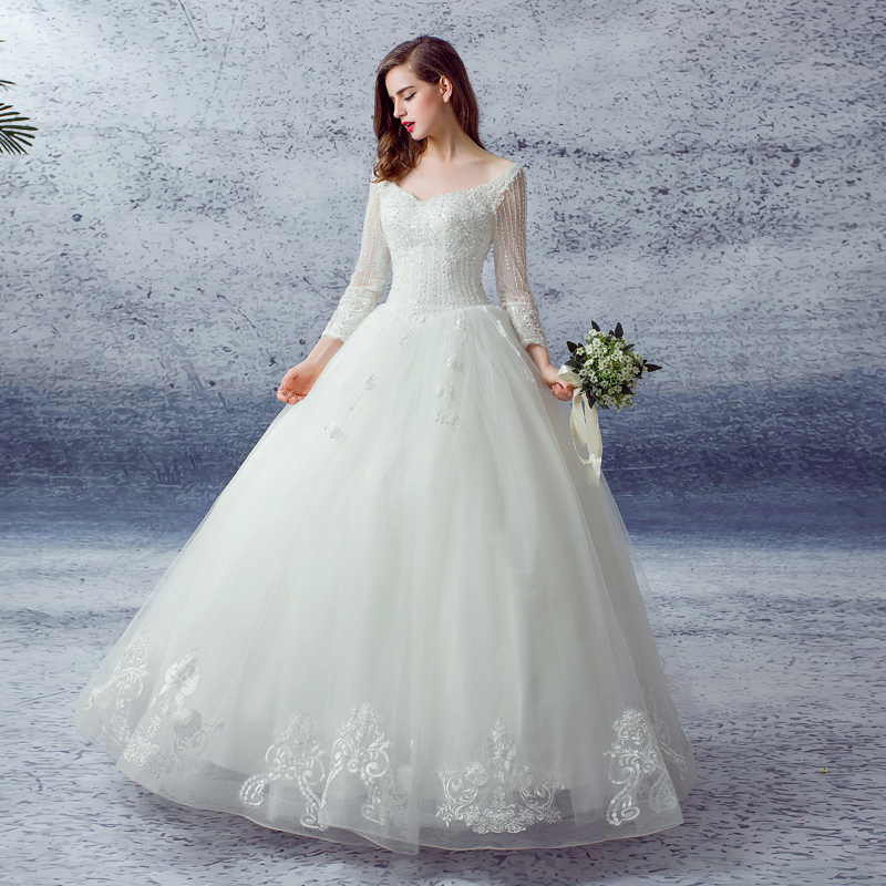 2016新款V领双肩齐地长袖钉珠韩式蓬蓬裙婚纱定制