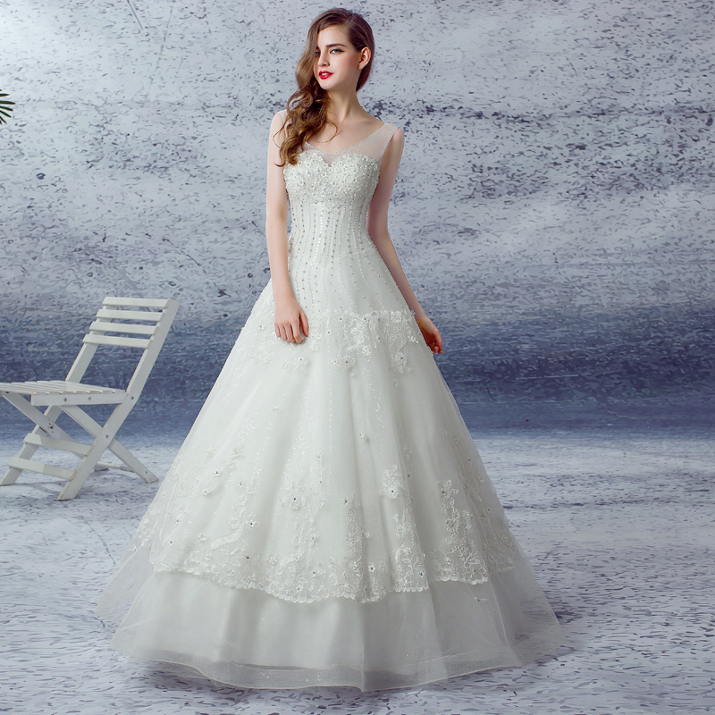 2016年新款圆领双肩齐地花朵蕾丝韩版蓬蓬裙婚纱定制