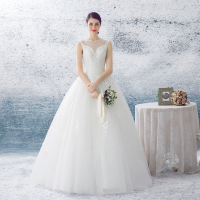 2016新款圆领A版婚纱齐地优雅网纱绑带婚纱定制