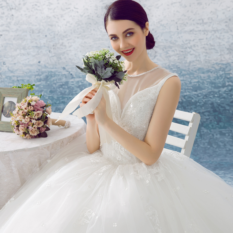 2016新款圆领A版婚纱齐地优雅网纱绑带婚纱定制