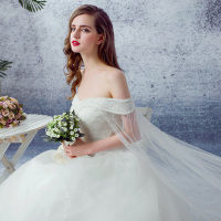 婚纱礼服2016新款一字肩蓬蓬裙婚纱拖尾宫廷米白色欧根纱婚纱定制