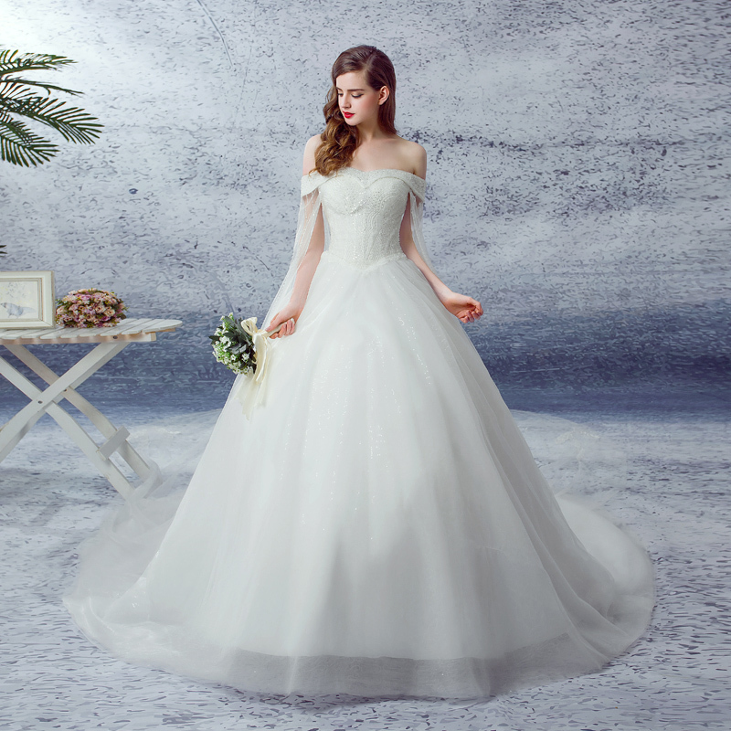 婚纱礼服2016新款一字肩蓬蓬裙婚纱拖尾宫廷米白色欧根纱婚纱定制