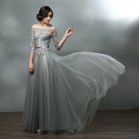 婚纱礼服女2016新款晚礼服长裙一字肩A字裙银灰色敬酒服伴娘礼服定制