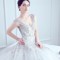 婚纱礼服2016新款双肩V领蓬蓬裙纱拖尾韩式高端显瘦简约小拖尾婚纱定制