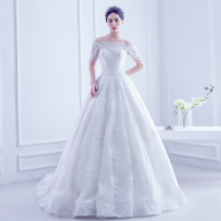 婚纱礼服2016新款一字肩蓬蓬裙婚纱拖尾珍珠公主优雅高华中袖大拖尾婚纱定制