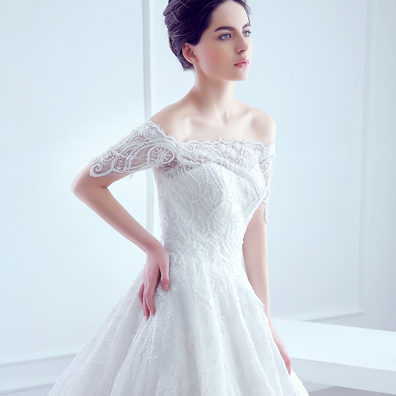 婚纱礼服2016新款一字肩蓬蓬裙婚纱拖尾珍珠公主优雅高华中袖大拖尾