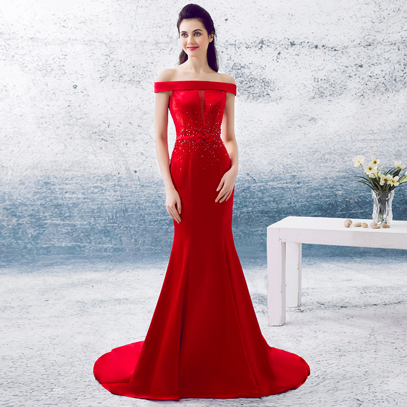婚纱礼服女2016新款晚礼服长裙一字肩高端优雅修身鱼尾小拖尾敬酒服