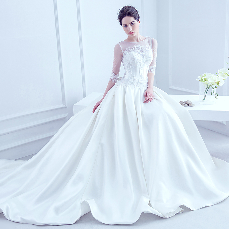 婚纱礼服2016新款双肩中袖a字裙婚纱拖尾公主优雅高端大拖尾婚纱定制