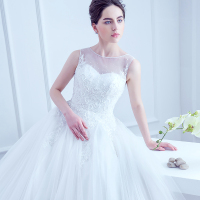婚纱礼服2016新款双肩a字裙蓬蓬裙婚纱拖尾高端豪华优雅大拖尾蕾丝手工钉珠婚纱定制