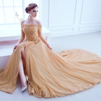婚纱礼服女2016新款晚礼服长裙一字肩金色高端豪华开叉a字裙大拖尾敬酒服伴娘礼服定制