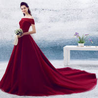 婚纱礼服女2016新款晚礼服长裙一字肩a字裙酒红色优雅大拖尾敬酒服伴娘礼服定制