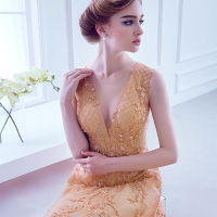 婚纱礼服女2016新款晚礼服长裙深V双肩a字裙高端金色小拖尾敬酒服伴娘礼服定制