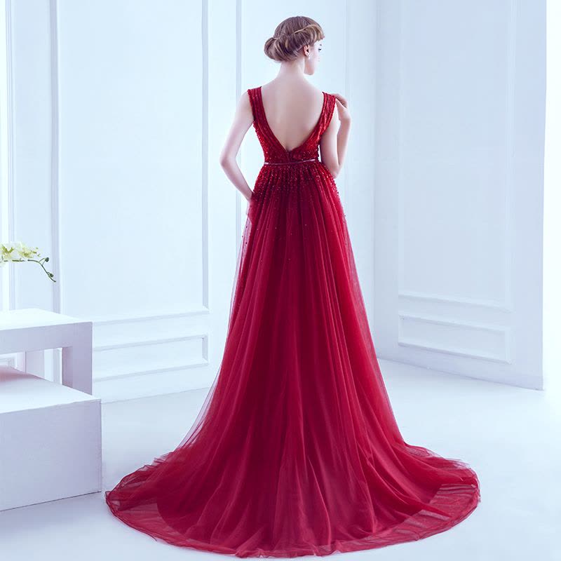 婚纱礼服女2016新款晚礼服长裙双肩V领a字裙酒红色手工钉珠优雅性感小拖尾敬酒服伴娘礼服定制图片