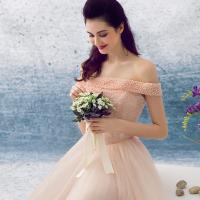 婚纱礼服女2016新款晚礼服长裙一字肩A字裙珍珠粉色优雅高端敬酒服伴娘礼服定制