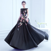 婚纱礼服女2016新款晚礼服长裙双肩蓬蓬裙缎面印花蕾丝黑色敬酒服伴娘礼服定制