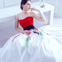 婚纱礼服女2016新款晚礼服长裙抹胸蓬蓬裙红色缎面彩纱敬酒服伴娘礼服定制