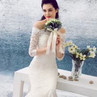 婚纱礼服2016新款一字肩中袖鱼尾婚纱拖尾性感优雅修身蕾丝婚纱定制