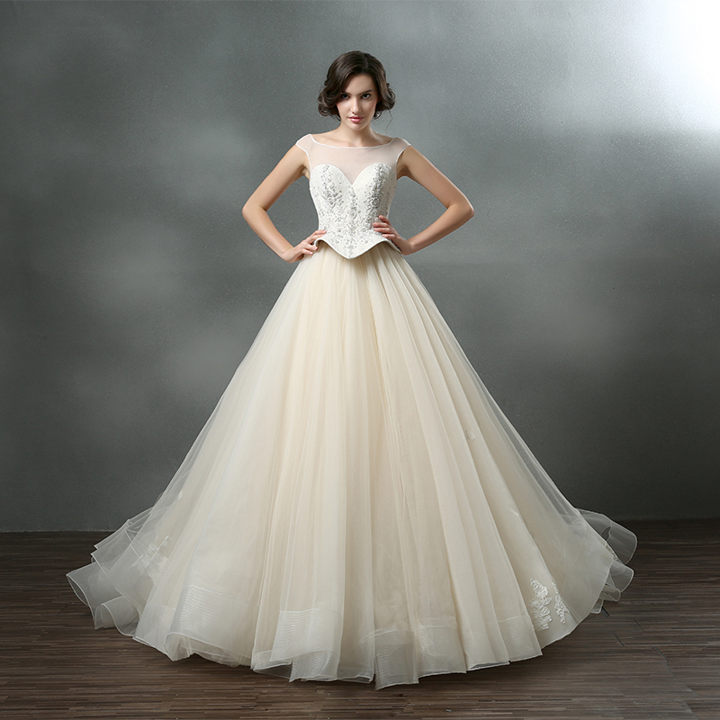 婚纱礼服2016新款双肩蓬蓬裙婚纱拖尾性感米白色网纱婚纱定制