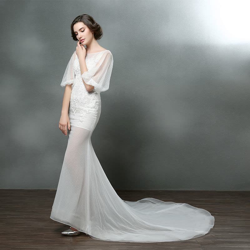 婚纱礼服2016新款双肩鱼尾裙婚纱拖尾性感米白色网纱婚纱定制图片