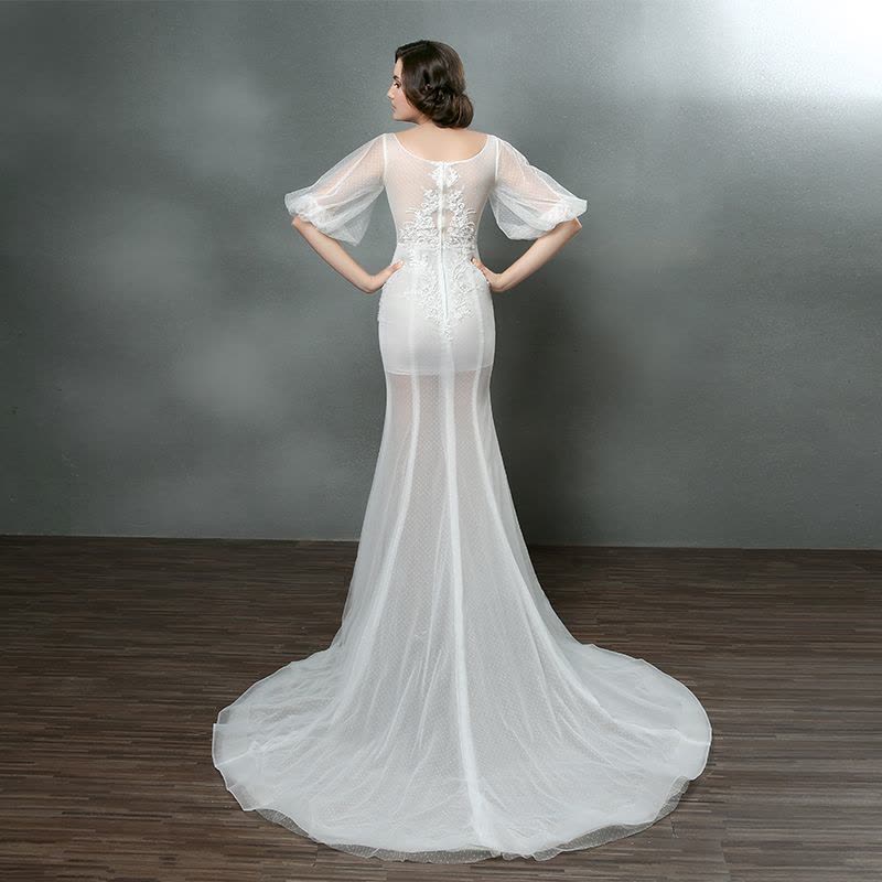 婚纱礼服2016新款双肩鱼尾裙婚纱拖尾性感米白色网纱婚纱定制图片