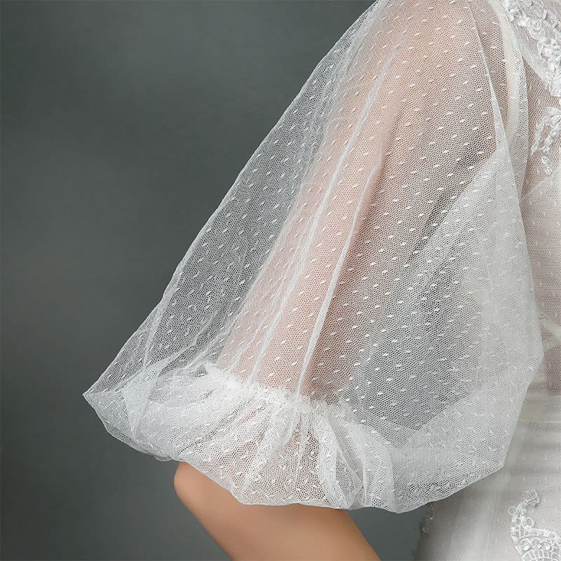 婚纱礼服2016新款双肩鱼尾裙婚纱拖尾性感米白色网纱婚纱定制图片