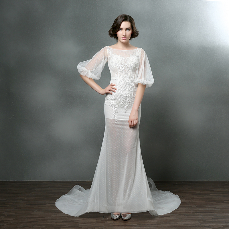 婚纱礼服2016新款双肩鱼尾裙婚纱拖尾性感米白色网纱婚纱定制