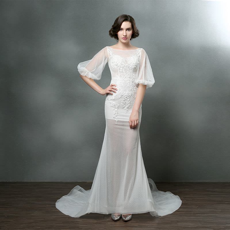 婚纱礼服2016新款双肩鱼尾裙婚纱拖尾性感米白色网纱婚纱定制图片