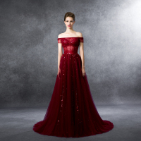 2016秋冬新款一字肩A字摆简约拖尾长款晚礼服