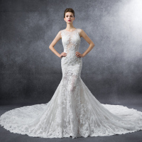 2016秋冬新款双肩收腰鱼尾简约蕾丝长拖尾婚纱