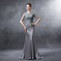 2016秋冬新款经典双肩收腰鱼尾优雅手工钉珠拖尾晚礼服