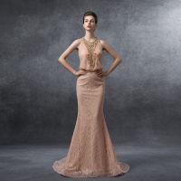 2016秋冬新款经典挂脖收腰鱼尾豆沙色长拖尾晚礼服